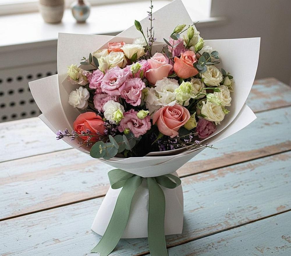 Букет цветов из: Розы, Лизиантусы и Гвоздики в Чистополе