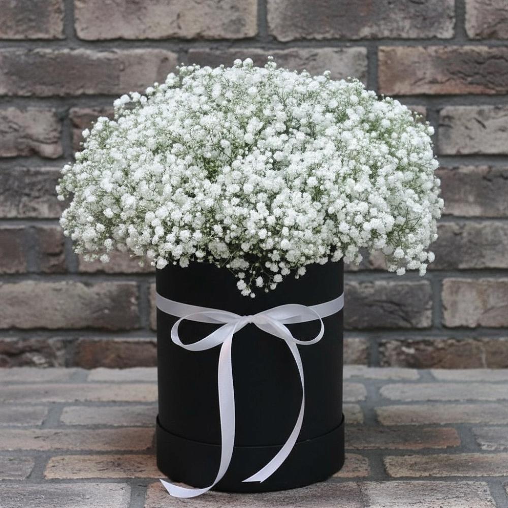 Цветочная композиция из Гипсофила в шляпной коробке в Чистополе